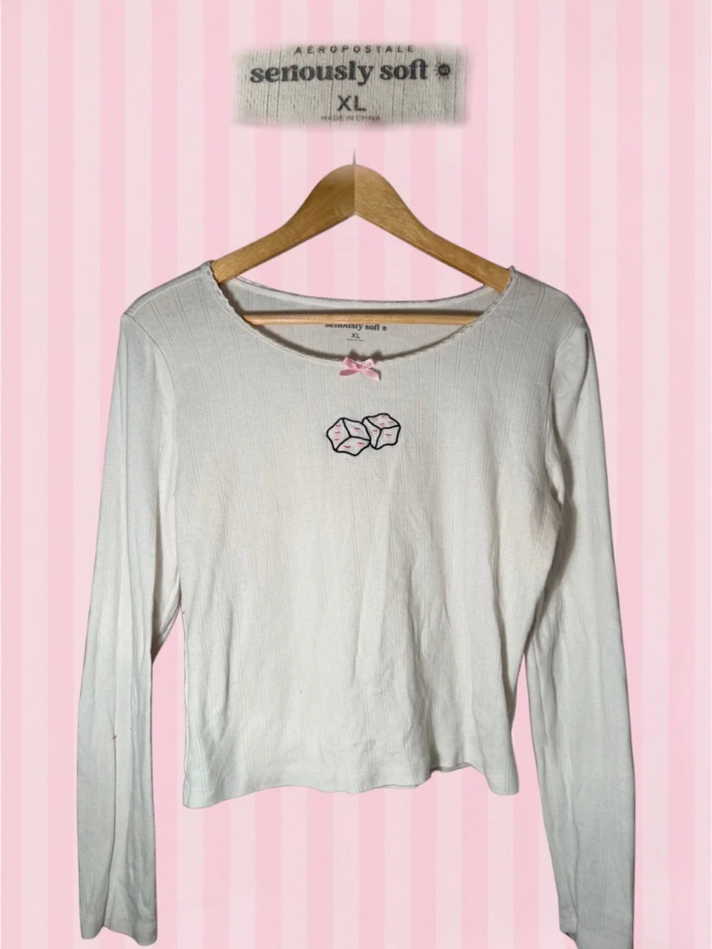 Aeropostale Cream Long-Sleeve Seriously Soft Top with Pink Bow